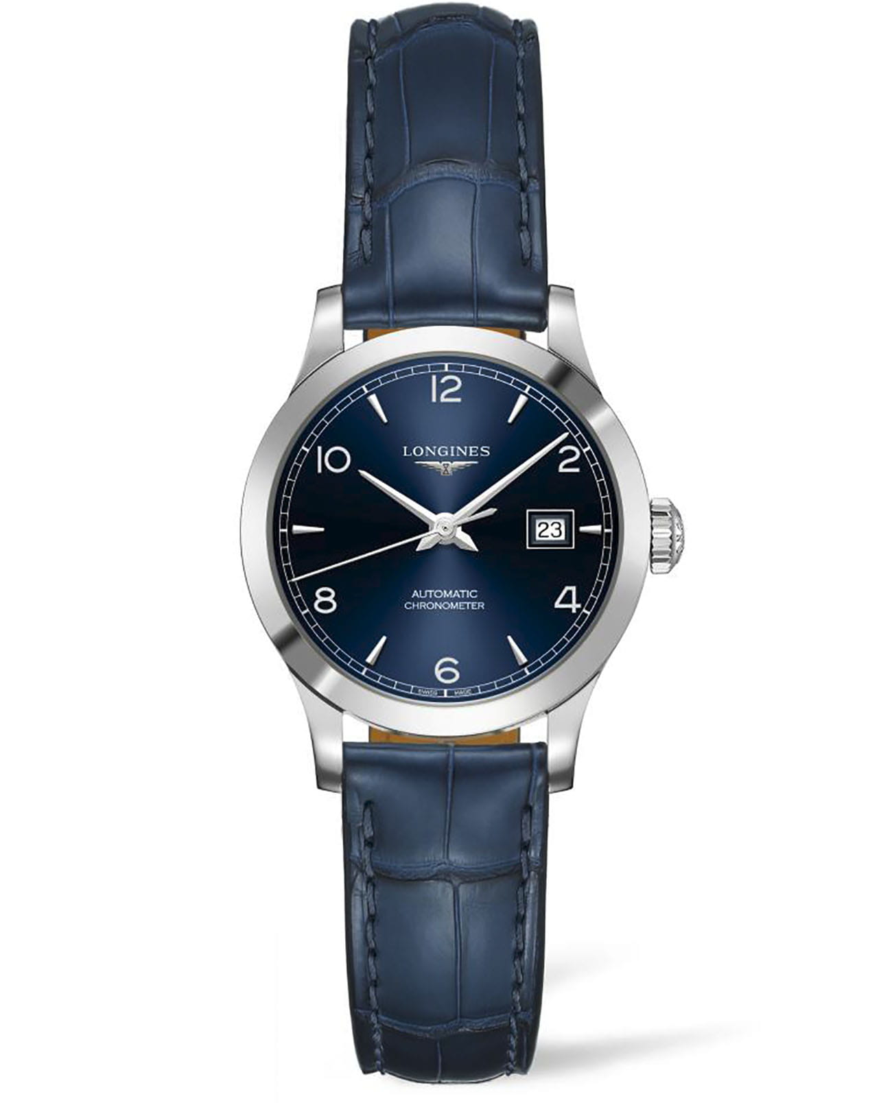 Longines Longines Record Collection L2.321.4.96.4  L23214964 механические женские часы синий циферблат, браслет кожаный — вид спереди